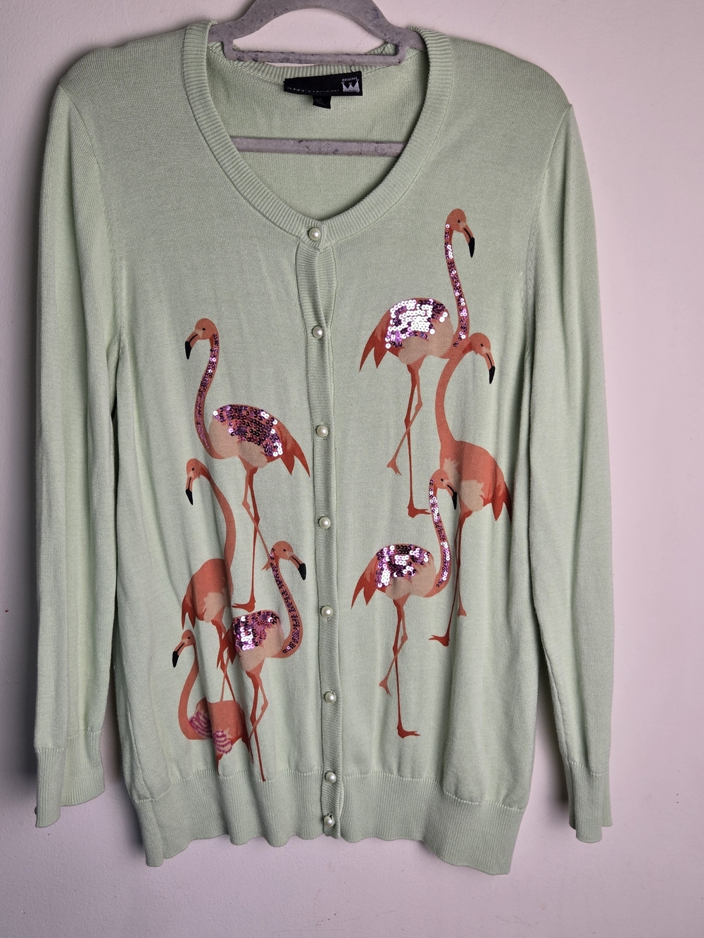 Anthony Original Mint Green Flamingo Cardigan Size XL Pearl button Soft Light